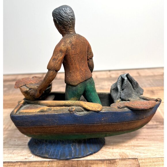 Clay Fisherman Figurine On Boat With Net & Basket - Picture 3 of 5